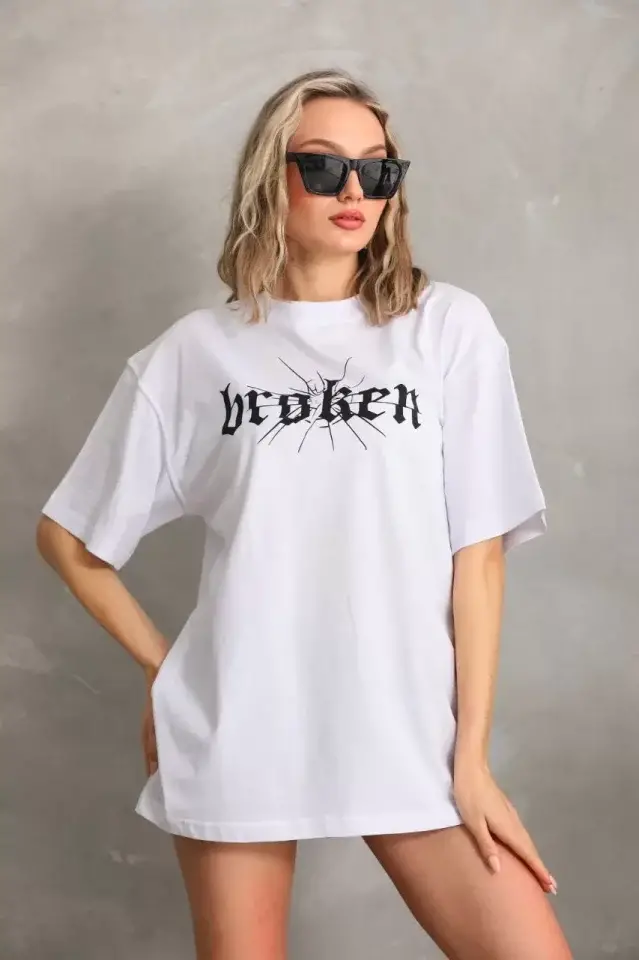 Unisex Baskılı Oversize T-Shirt - Beyaz - 1