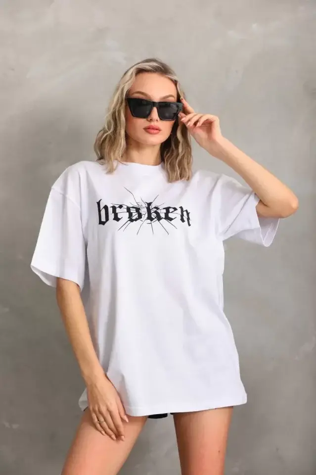 Unisex Baskılı Oversize T-Shirt - Beyaz - 4