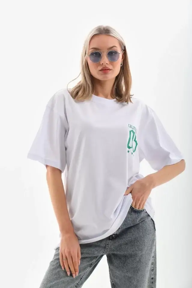 Unisex Baskılı Oversize T-Shirt - Beyaz - 1