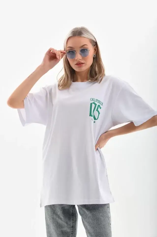 Unisex Baskılı Oversize T-Shirt - Beyaz - 4