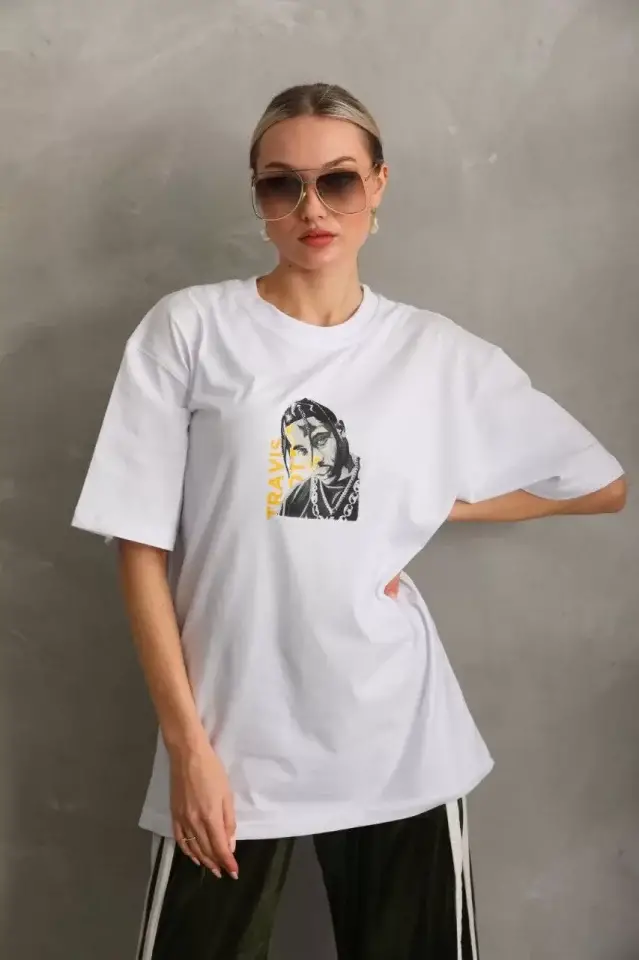 Unisex Baskılı Oversize T-Shirt - Beyaz - 2