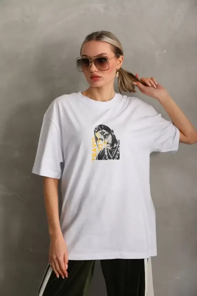 Unisex Baskılı Oversize T-Shirt - Beyaz - 4