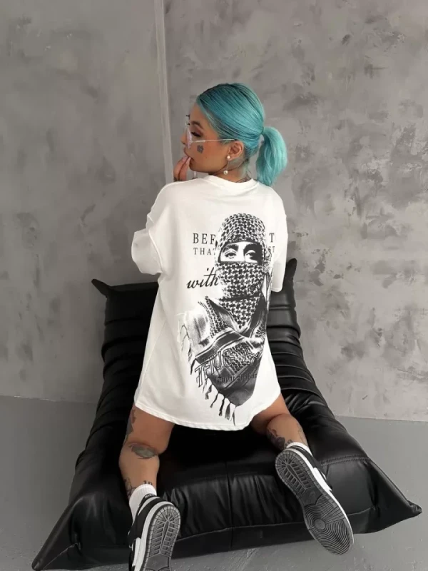 Unisex Baskılı Oversize T-Shirt - Beyaz - 1