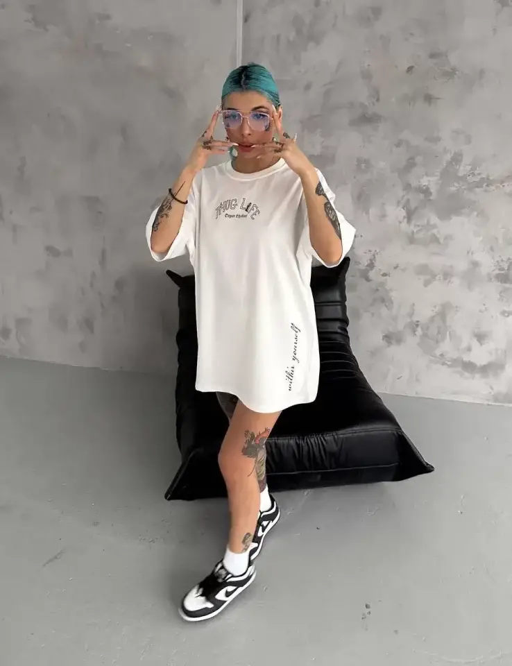 Unisex Baskılı Oversize T-Shirt - Beyaz - 2