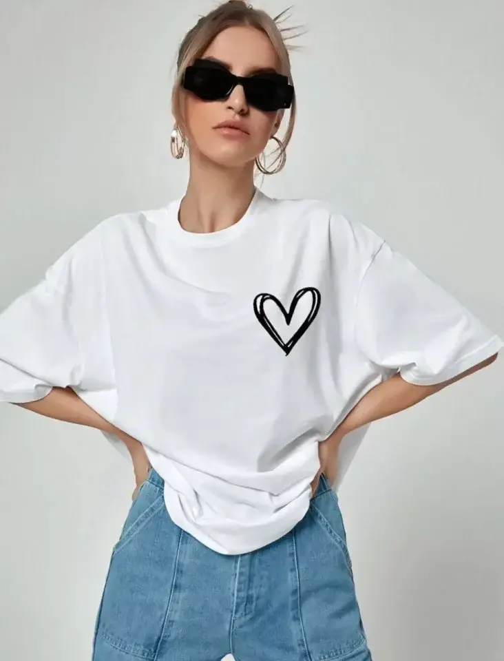 Unisex Baskılı Oversize T-Shirt - Beyaz - 1