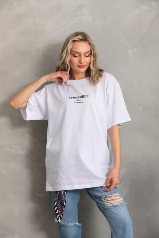 Unisex Baskılı Oversize T-Shirt - Beyaz - 1