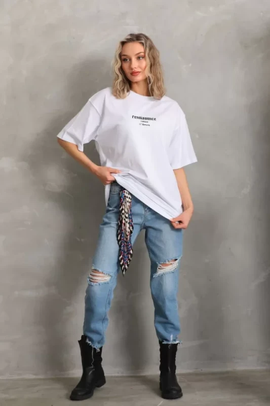 Unisex Baskılı Oversize T-Shirt - Beyaz - 4