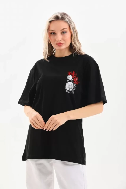 Unisex Baskılı Oversize T-Shirt - Siyah - 2