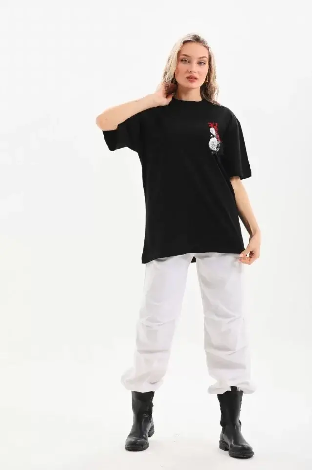 Unisex Baskılı Oversize T-Shirt - Siyah - 3