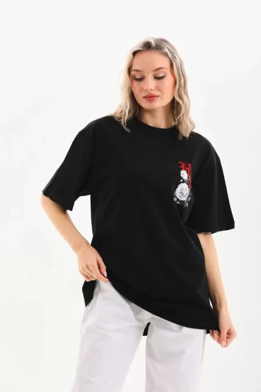 Unisex Baskılı Oversize T-Shirt - Siyah - 4