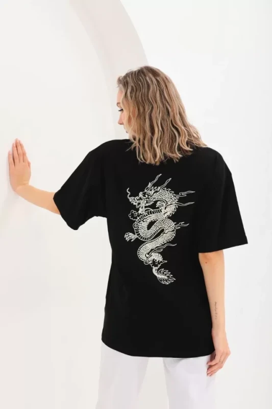 Unisex Baskılı Oversize T-Shirt - Siyah - 1