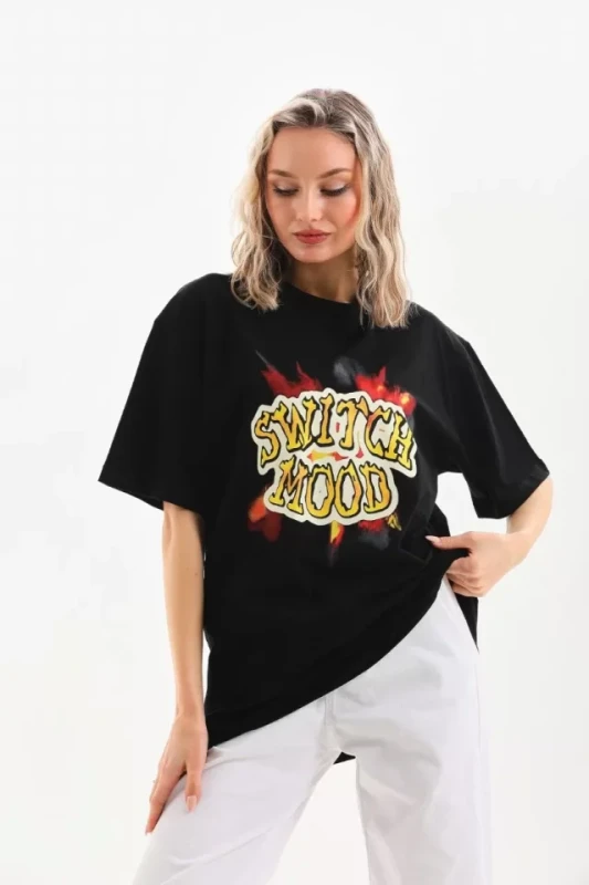 Unisex Baskılı Oversize T-Shirt - Siyah - 2