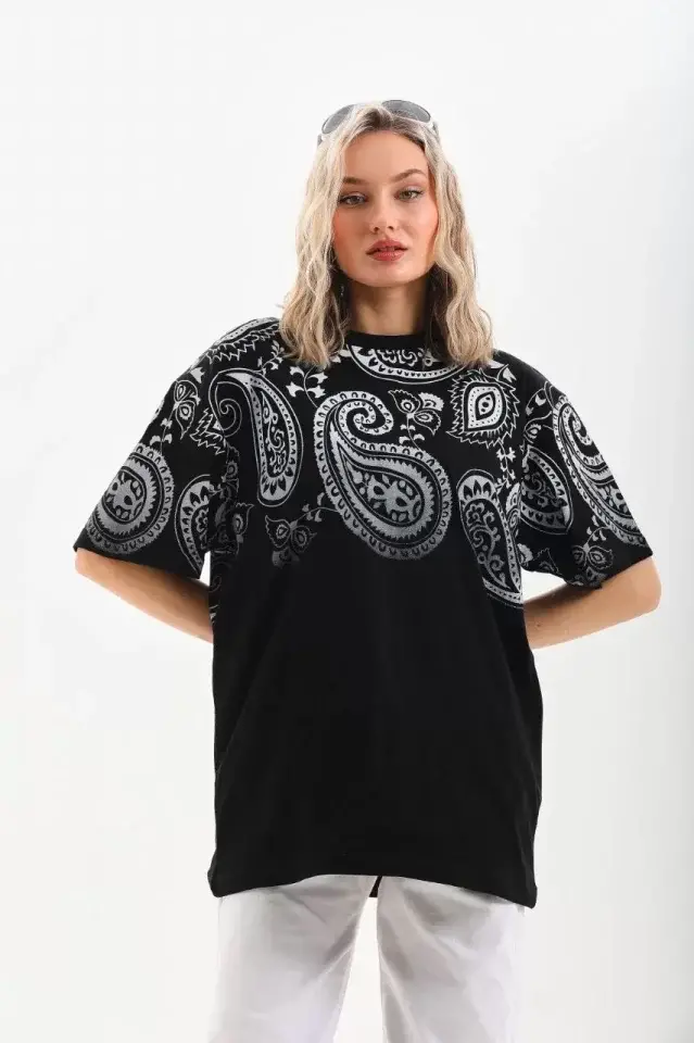 Unisex Baskılı Oversize T-Shirt - Siyah - 1