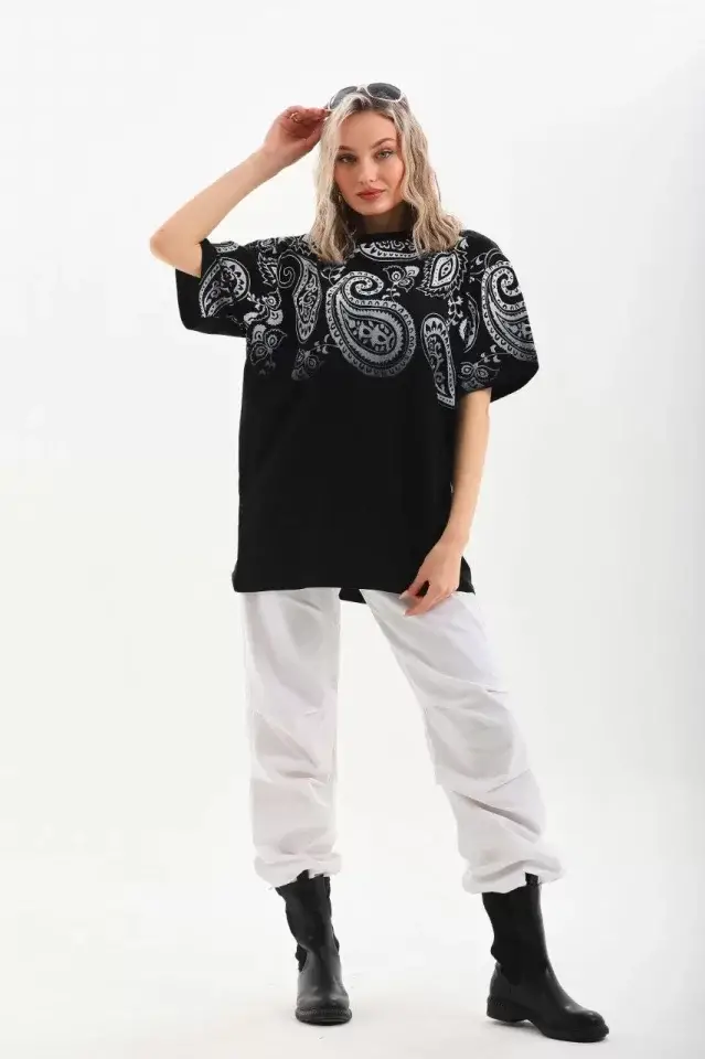 Unisex Baskılı Oversize T-Shirt - Siyah - 4