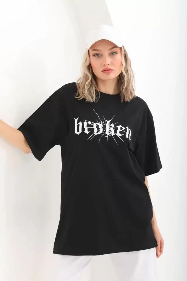 Unisex Baskılı Oversize T-Shirt - Siyah - 1