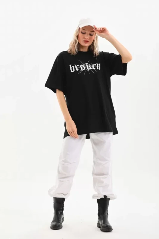 Unisex Baskılı Oversize T-Shirt - Siyah - 3