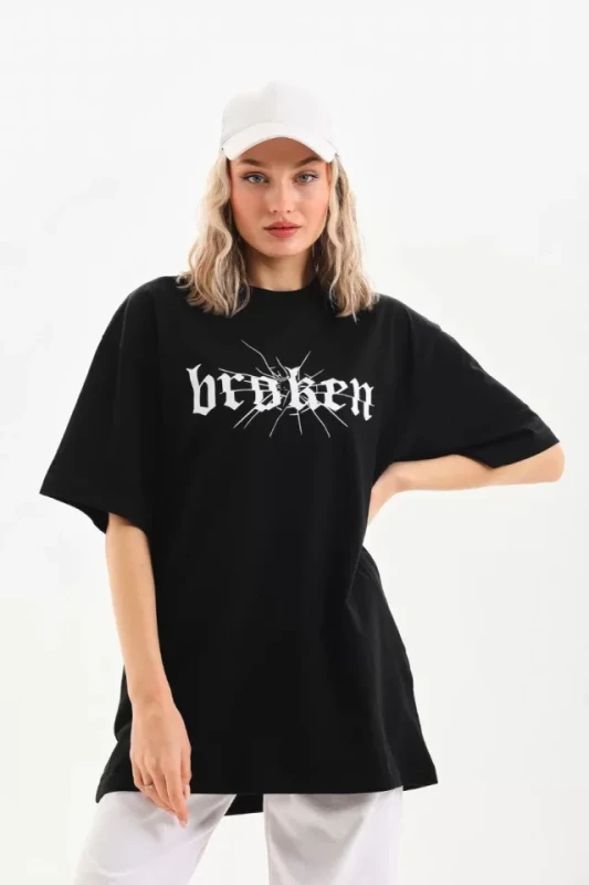 Unisex Baskılı Oversize T-Shirt - Siyah - 4