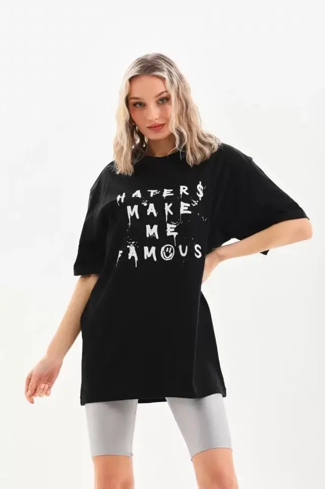 Unisex Baskılı Oversize T-Shirt - Siyah - 3