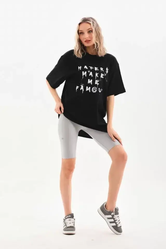 Unisex Baskılı Oversize T-Shirt - Siyah - 4