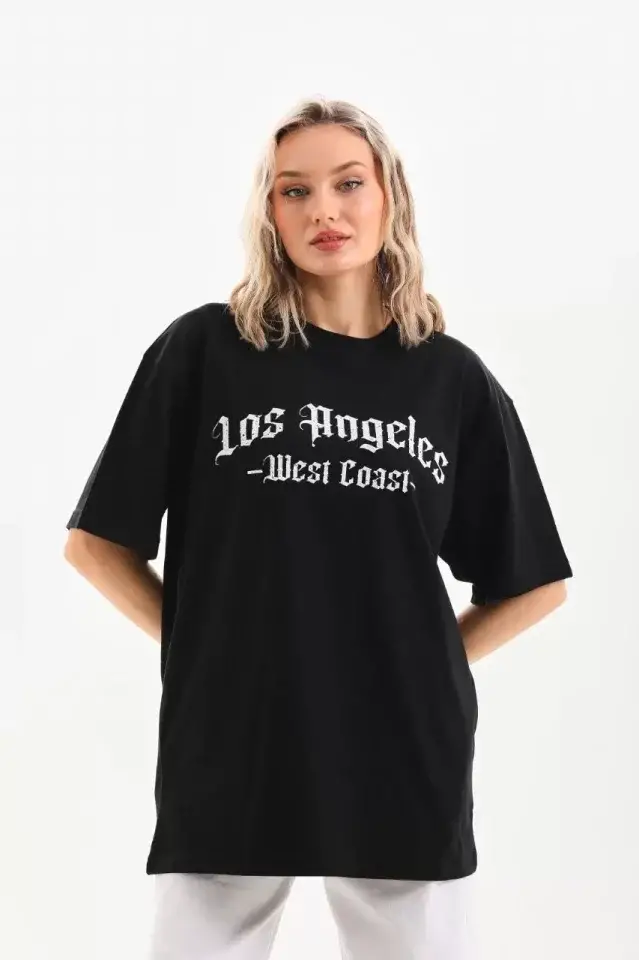 Unisex Baskılı Oversize T-Shirt - Siyah - 1