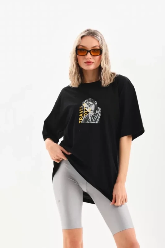 Unisex Baskılı Oversize T-Shirt - Siyah - 2