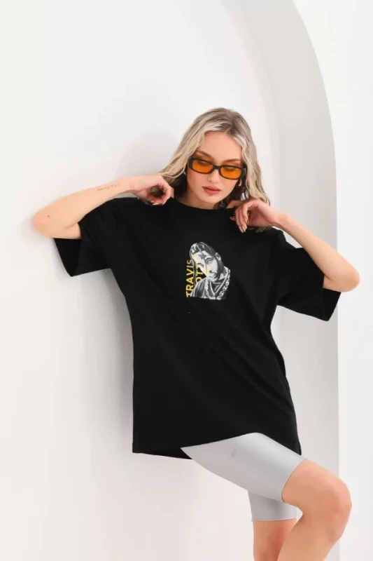 Unisex Baskılı Oversize T-Shirt - Siyah - 4