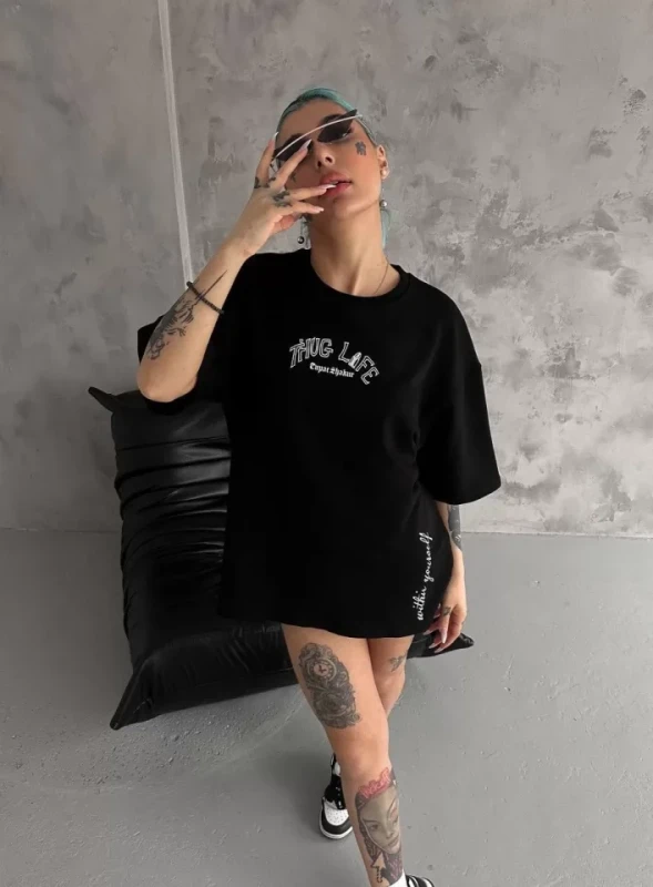 Unisex Baskılı Oversize T-Shirt - Siyah - 2