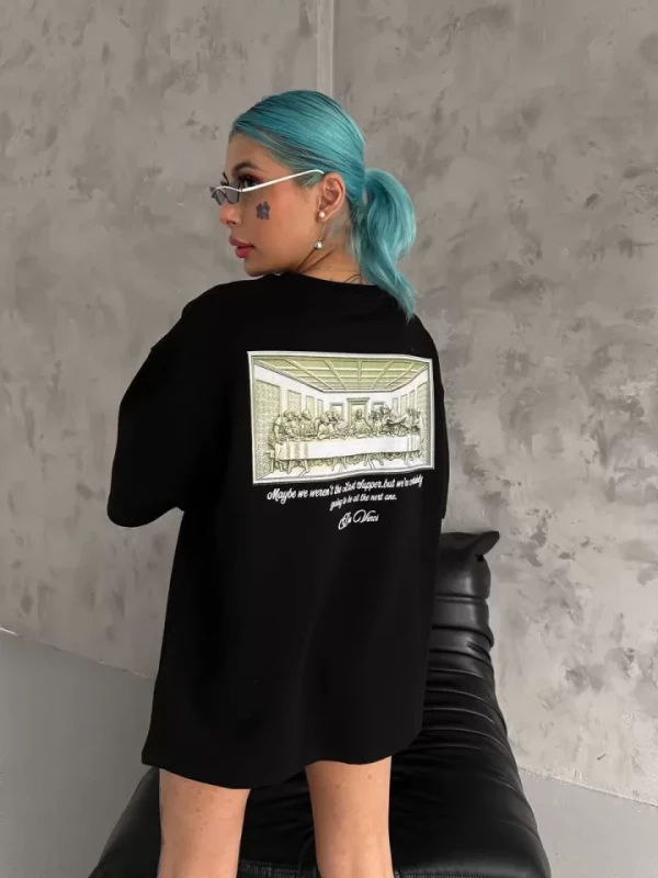 Unisex Baskılı Oversize T-Shirt - Siyah - 1