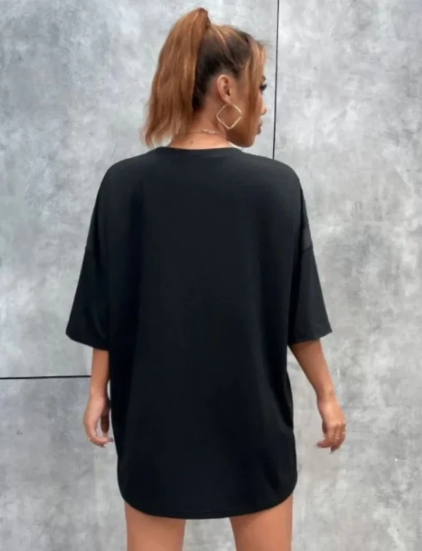 Unisex Baskılı Oversize T-Shirt - Siyah - 2