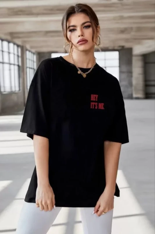 Unisex Baskılı Oversize T-Shirt - Siyah - 1