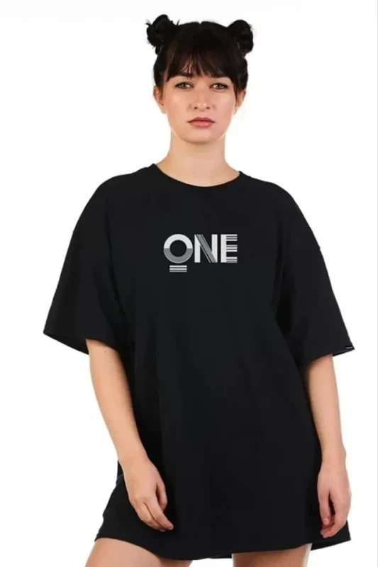 Unisex Baskılı Oversize T-Shirt - Siyah - 1