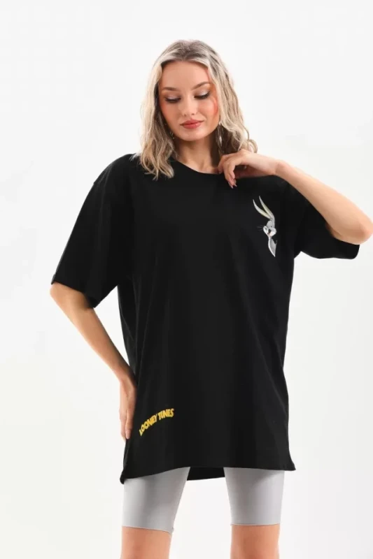 Unisex Baskılı Oversize T-Shirt - Siyah - 2