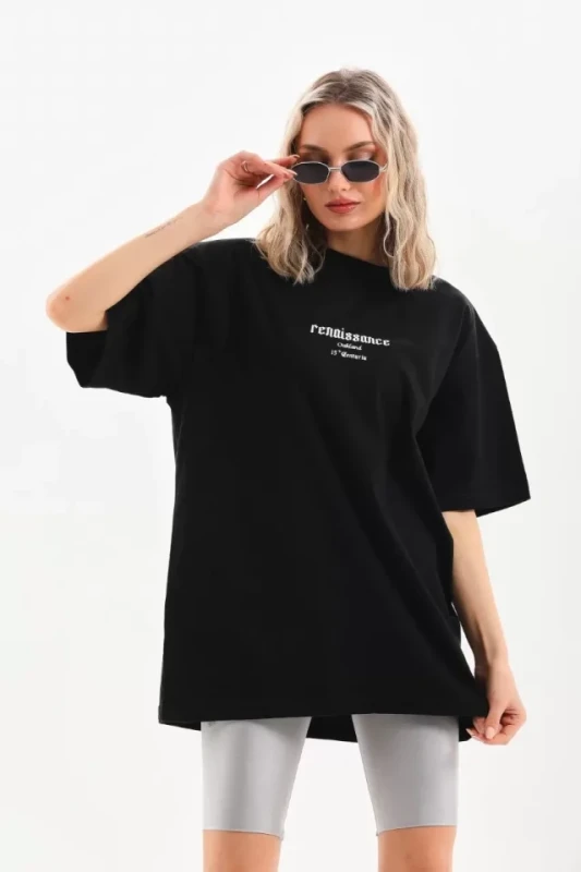 Unisex Baskılı Oversize T-Shirt - Siyah - 1