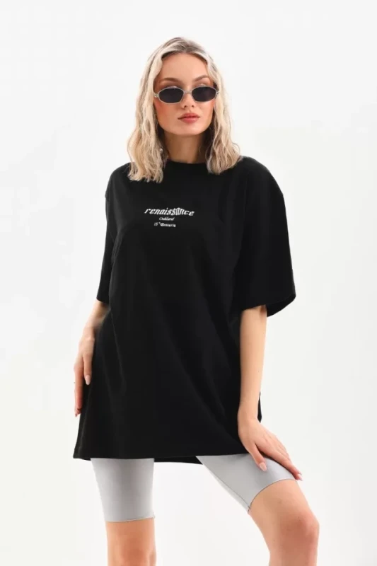 Unisex Baskılı Oversize T-Shirt - Siyah - 3