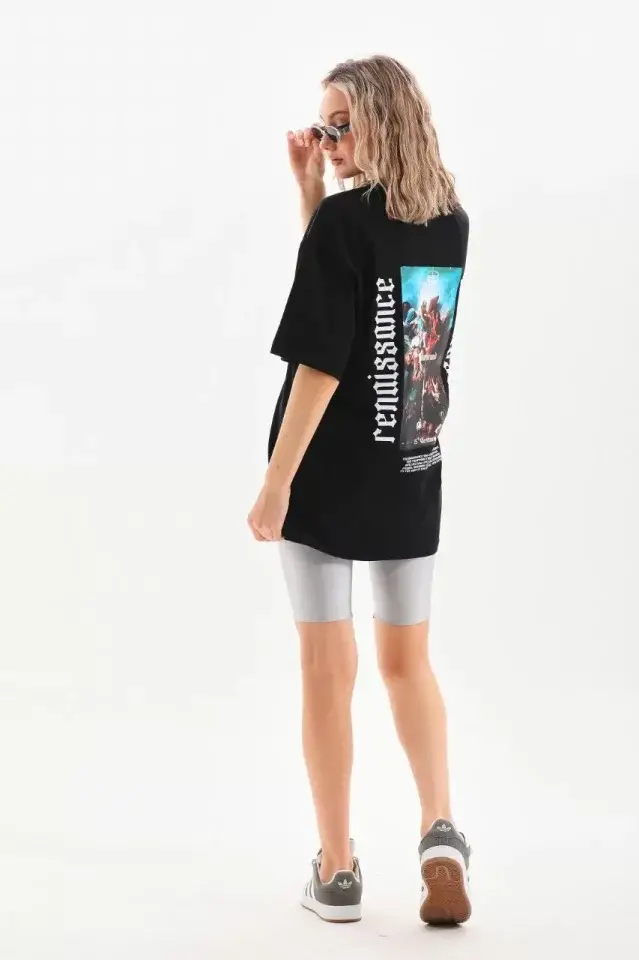 Unisex Baskılı Oversize T-Shirt - Siyah - 4