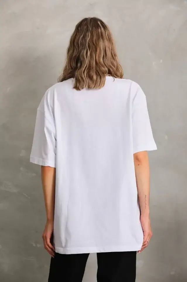 Unisex Bisiklet Yaka 20/1 Düz Oversize T-Shirt - Beyaz - 3