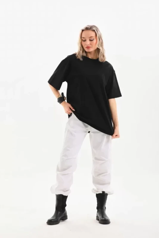 Unisex Bisiklet Yaka 20/1 Düz Oversize T-Shirt - Siyah - 3