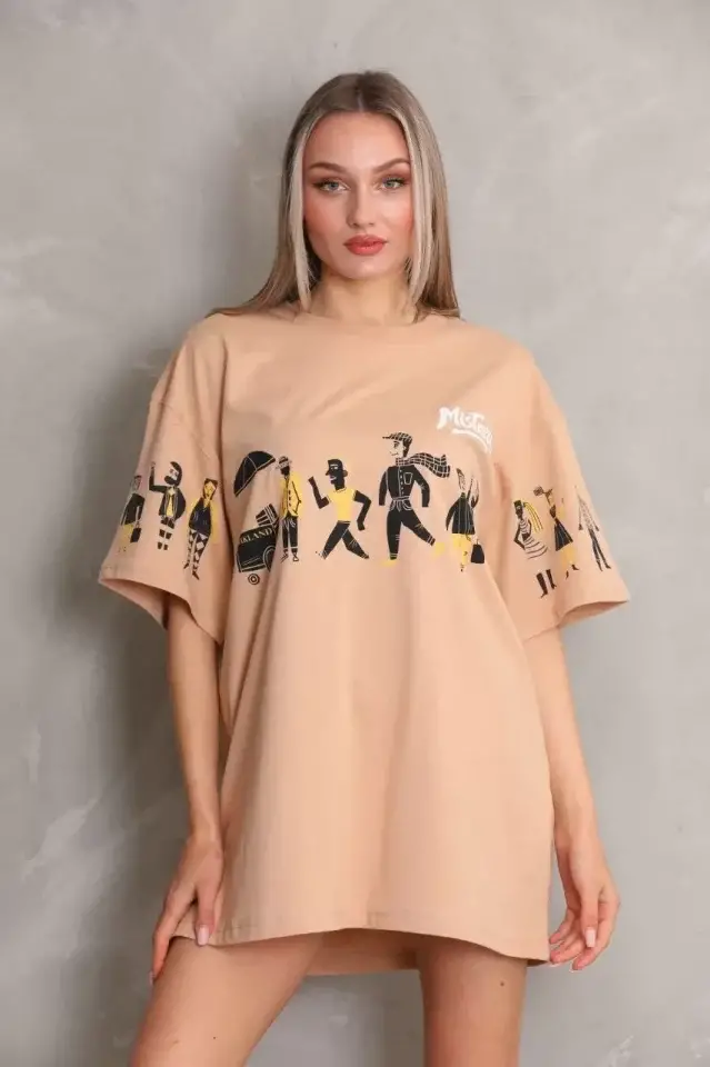 Unisex Bisiklet Yaka Baskılı Oversize T-Shirt - Bej - 2