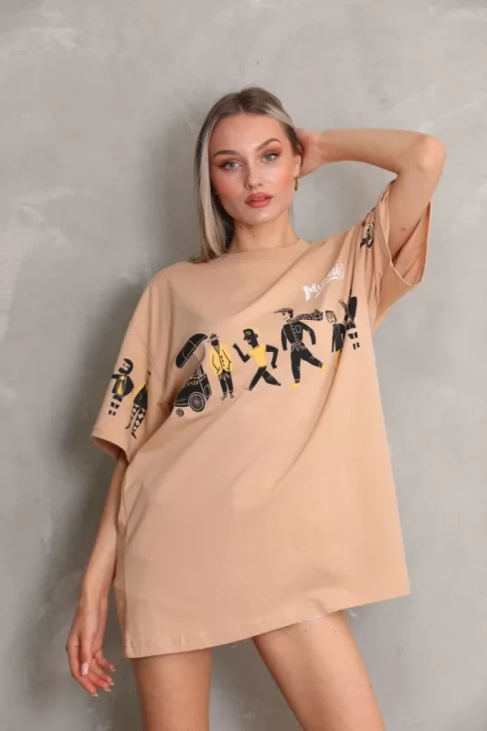 Unisex Bisiklet Yaka Baskılı Oversize T-Shirt - Bej - 4