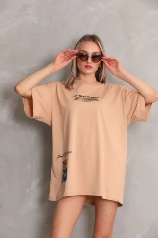 Unisex Bisiklet Yaka Baskılı Oversize T-Shirt - Bej - 1