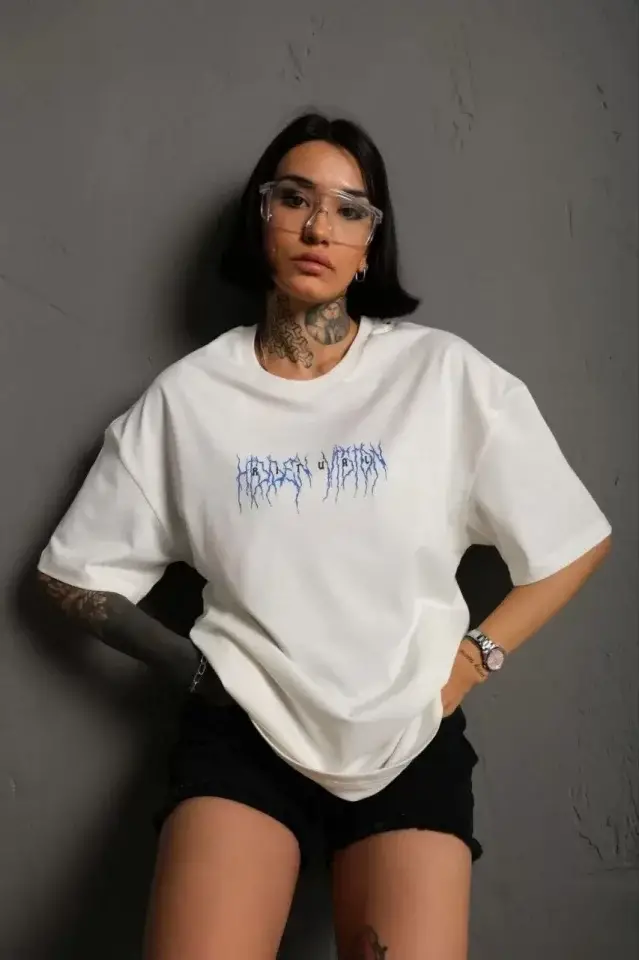 Unisex Bisiklet Yaka Baskılı Oversize T-Shirt - Beyaz - 1