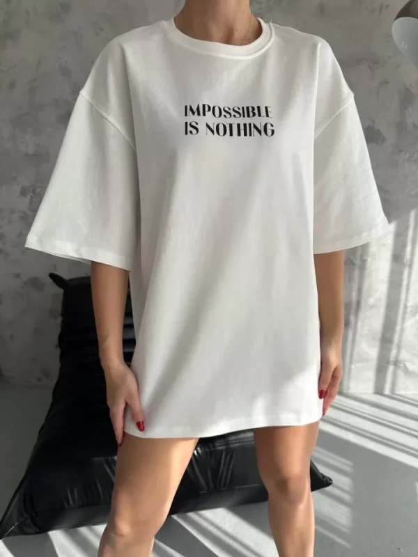 Unisex Bisiklet Yaka Baskılı Oversize T-Shirt - Beyaz - 1