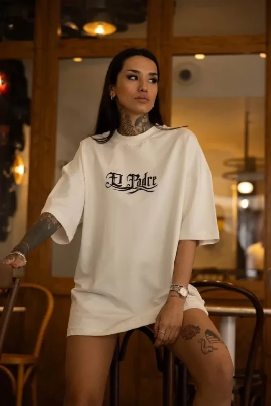 Unisex Bisiklet Yaka Baskılı Oversize T-Shirt - Beyaz - 1