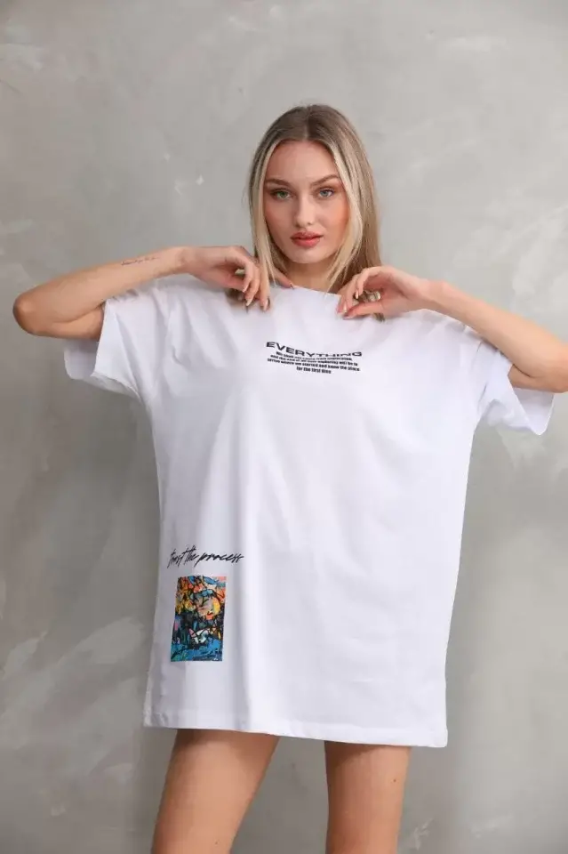 Unisex Bisiklet Yaka Baskılı Oversize T-Shirt - Beyaz - 1