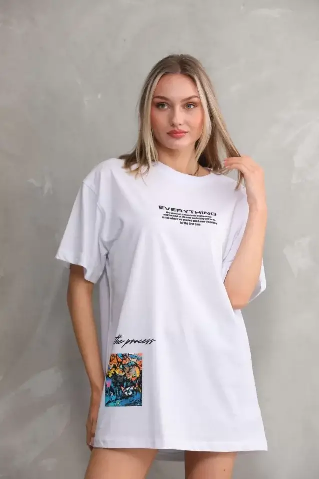 Unisex Bisiklet Yaka Baskılı Oversize T-Shirt - Beyaz - 3