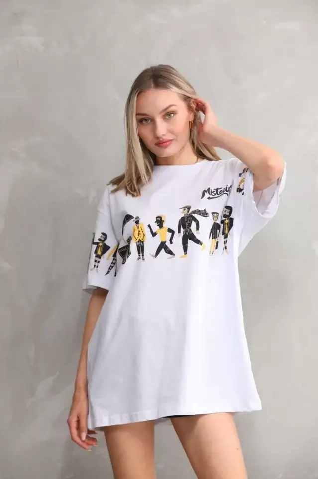 Unisex Bisiklet Yaka Baskılı Oversize T-Shirt - Beyaz - 2