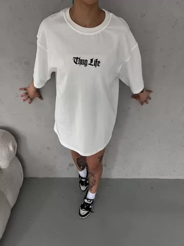 Unisex Bisiklet Yaka Baskılı Oversize T-Shirt - Beyaz - 1