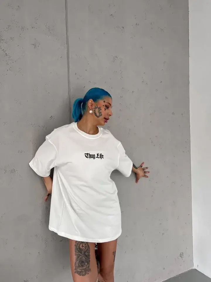 Unisex Bisiklet Yaka Baskılı Oversize T-Shirt - Beyaz - 2