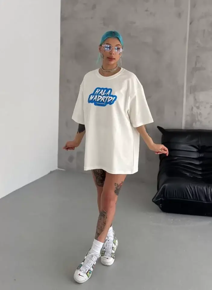 Unisex Bisiklet Yaka Baskılı Oversize T-Shirt - Beyaz - 1