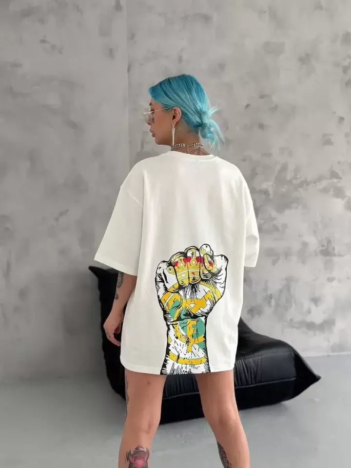 Unisex Bisiklet Yaka Baskılı Oversize T-Shirt - Beyaz - 3